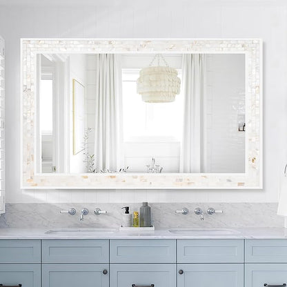 Tanmicoshomy 26 x 40 Inch Rectangle Wall Mirror, Natural Shell Framed Rectangular Mirror for Bathroom, Vanity, Bedroom, Living Room, Entryway, Wall Mounted Horizontal or Vertical, White