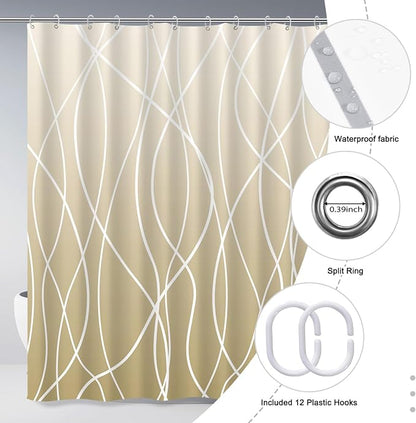 Striped Shower Curtain for Bathroom, Ombre Khaki, 72" W x 72" L | with Hooks, Modern Hotel Style, Water Repellent, Washable, Weighted Hem