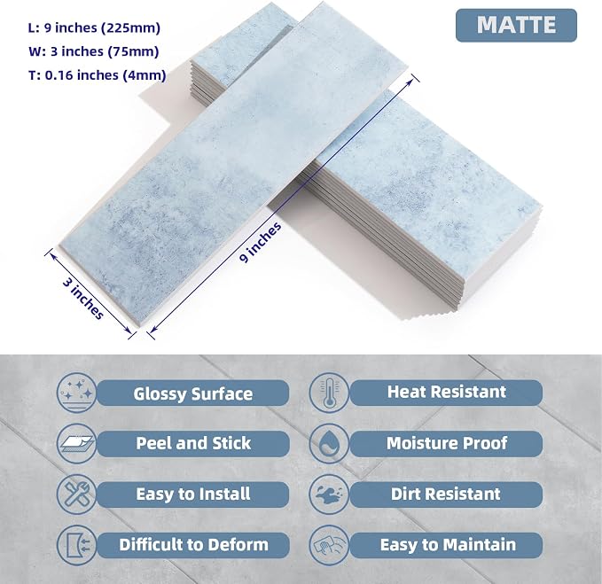 Tilingview 30 PCS Peel and Stick Backsplash Tile for Kitchen/Bathroom/Living Room, 3"x 9" Self-Adhesive Subway Tile for Backsplash, Imitation Glazed Tiles/Handmade Tiles (Matte Pastel Blue)