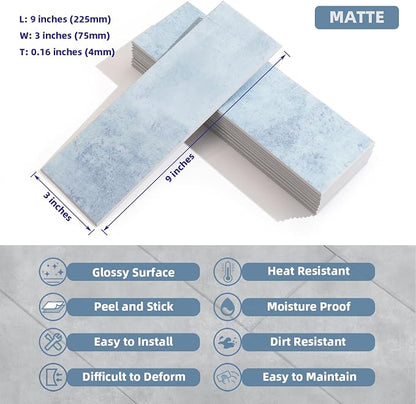 Tilingview 30 PCS Peel and Stick Backsplash Tile for Kitchen/Bathroom/Living Room, 3"x 9" Self-Adhesive Subway Tile for Backsplash, Imitation Glazed Tiles/Handmade Tiles (Matte Pastel Blue)
