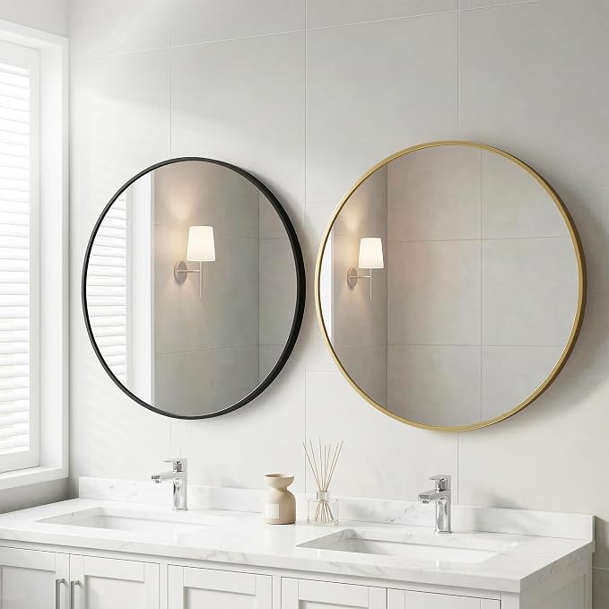 Sweetcrispy Round Bathroom Wall Mirror, Vanity Mirror, 20 Inch | Matte Metal Frame, Home Decor Circle Mirrors for Bathroom Sink, Entryway, Bedroom, Black
