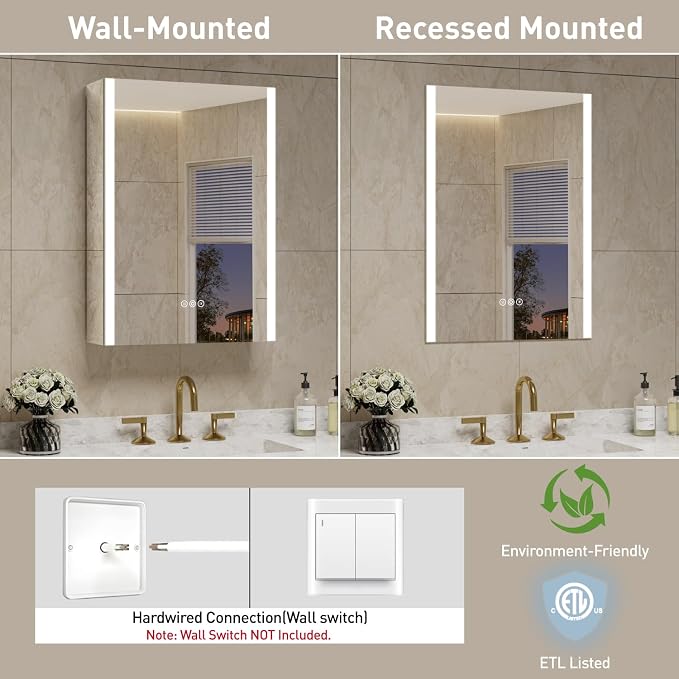 16 x 24 Inch Medicine Cabinet with Mirror and LED Light for Bathroom | Recessed, Wall-Mounted, Dimmable, Anti-Fog, Memory Function, 3 Color Mode, Outlet&USB, Adjustable Shelf, ETL Listed, Aluminum