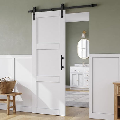 SMARTSTANDARD 32in x 84in Sliding Barn Door with 6FT Hardware Track,3 Panel | Waterproof PVC Surface, Pre-Drilled Holes Easy to Assemble, White, Solid, MDF