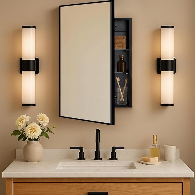TEHOME 24'' x 30'' Black Recessed and Surface Mount Bathroom Medicine Cabinet with Mirror Matt Black Square Cornered Metal Framed Rounded Rectangle Medicine Cabinet Mirror