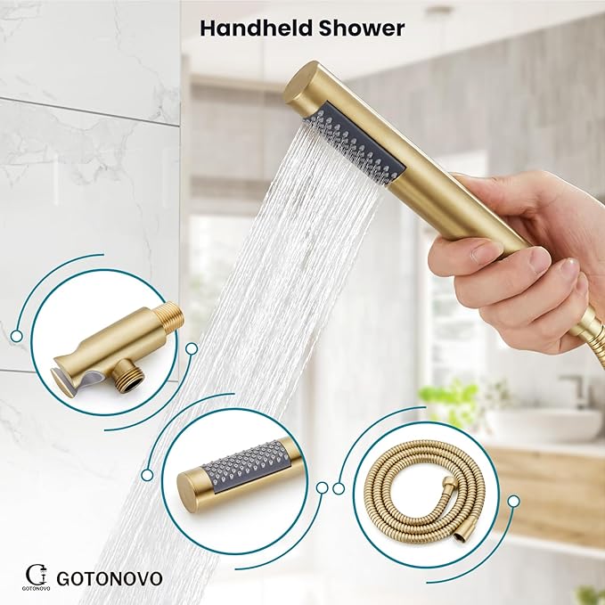 gotonovo Shower System 10 Inch Round Rainfall Showerhead Wall Mounted High Pressure Shower Faucet Set Fixture Combo with Rough in Valve and Cylindrical Handheld Spray, Brushed Gold