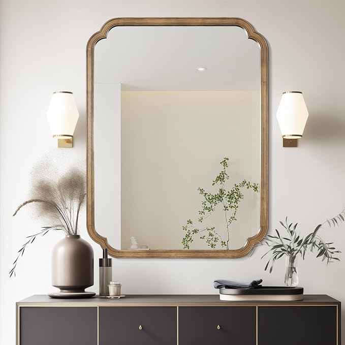 28" x 40" Rounded Corner Arch Wall Mirror with Wood Frame for Entryway, Living Room or Bedroom Home Decor - Light Woodgrain, Honey-Colored