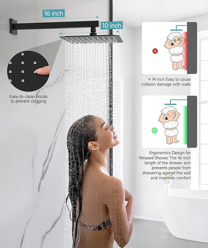 SR SUN RISE Shower System 10 Inch Rainfall Brass Valve Trim Kit Black | Wall-Mounted Rainfall Shower Set with Valve, Pressure Balance for Stable Temp, 304 Steel, Lead-Free Waterway, Leak-Resistant