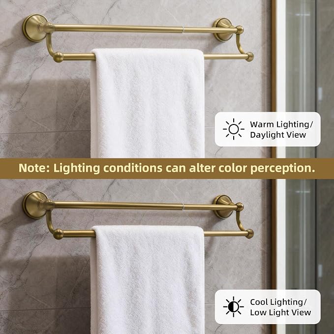 4 Piece Antique Brass Bathroom Accessories Set - 16"-27.7" Solid Brass Towel Rack, Double Vintage Towel Bar - Wall Mounted Antique Gold Bathroom Hardware