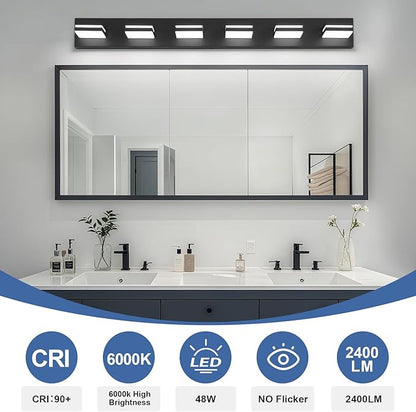 Modern LED Bathroom Lights Fixtures 6-Light,Metal Black Acrylic Wall Lighting,Vanity Lights for Bathroom Over Mirror 6000k 41in