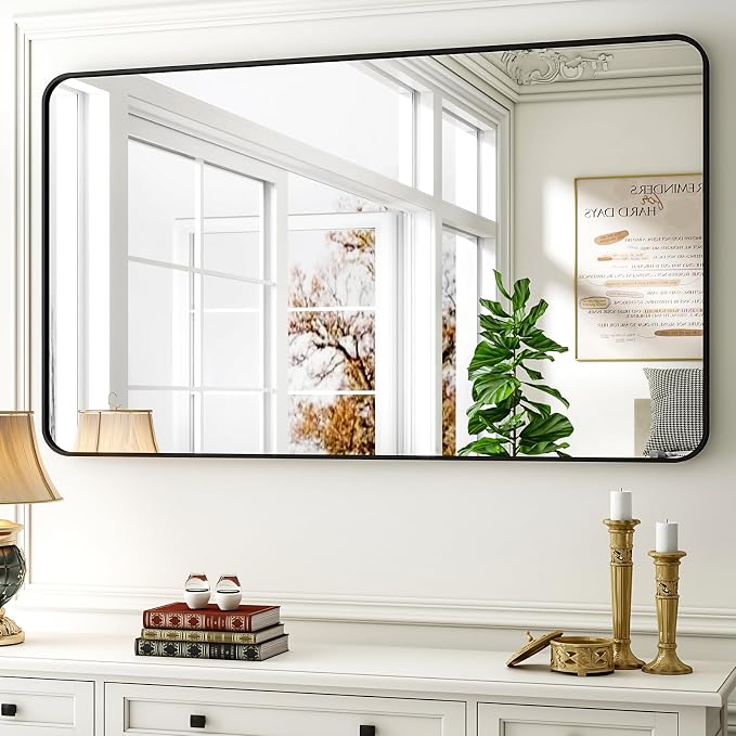 Easly 30 x 48 Inch Bathroom Mirror, Rounded Rectangular Vanity Mirror for Wall, Modern Mirror for Room Decor, Black Framed Wall-Mounted Mirrors for Home Decor, Hangs Horizontally or Vertically