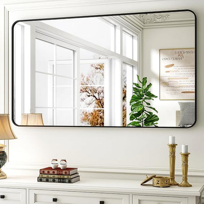 Easly 30 x 48 Inch Bathroom Mirror, Rounded Rectangular Vanity Mirror for Wall, Modern Mirror for Room Decor, Black Framed Wall-Mounted Mirrors for Home Decor, Hangs Horizontally or Vertically