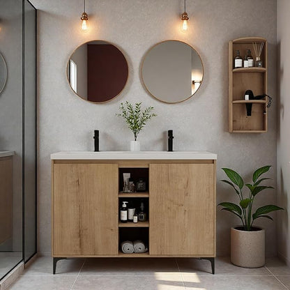 Freestanding Bathroom Vanity, 48" Bathroom Storage Cabinet with Double Resin Sinks, 2 Soft-Close Doors & 3 Open Storage Shelves, Floor Vanity with Extra Three-Layer Spacious Shelves, Oak