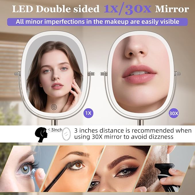 FUNTOUCH 5000mAh Rechargeable Wall Mounted Lighted Makeup Mirror,Nickel | Double Sided 30X/1X Magnifying Mirror Wall Mounted,Extended Arm 360°Rotation,Touch Dimmable,3 Color Lights for Bathroom