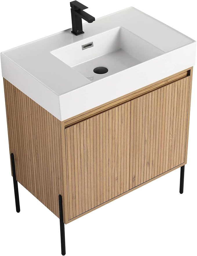 Crownpoint 30 Inch Bathroom Vanity with Sink, White Sink, Bright Oak Finish, Full Assembly Required, Elegant Bathroom Vanities for Modern Homes