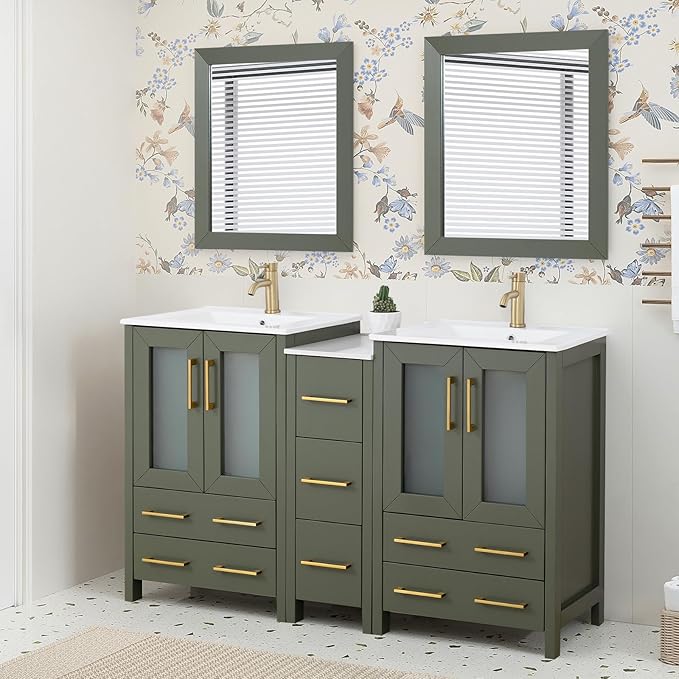 HOMEBEYOND 60 Inch Modern Bathroom Vanity with Sink & Mirror, Double Sink Vanity Cabinet with Basin and Mirror, Dove-Tailed Drawers, Soft-Closing Doors, Wood, Vintage Green