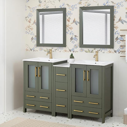 HOMEBEYOND 60 Inch Modern Bathroom Vanity with Sink & Mirror, Double Sink Vanity Cabinet with Basin and Mirror, Dove-Tailed Drawers, Soft-Closing Doors, Wood, Vintage Green