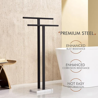 KOKOSIRI Free Standing Towel Racks Matte Black 2-Tier Towel Holder for Bathroom Floor Stand with Heavy Marble Base Thicken Steady Design Stainless Steel THS0005-BK