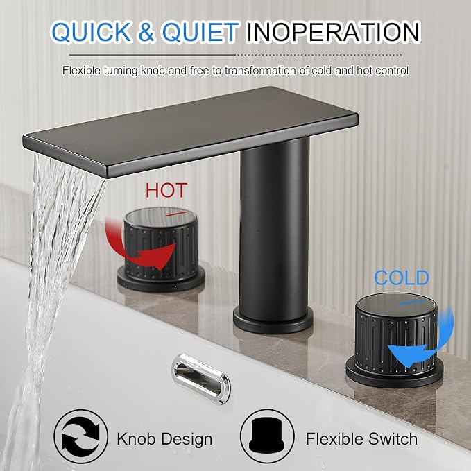 becola Black Bathroom Faucet 3 Hole, 8 inch Widespread Bathroom Faucet with Top Storage, Waterfall Bathroom Faucet，2-Handle Modern Vanity Faucet with Adjust Knobs and Two Supply Lines