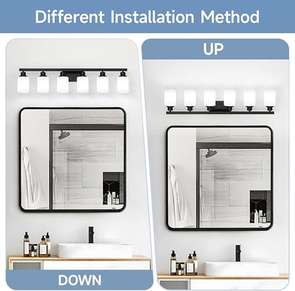 6 Light Bathroom Vanity Light, Modern Matte Black Bathroom Light Fixtures with Square Frosted Glass, Wall Sconces fixtures Over Mirror Restroom,Living Room Hallway E26