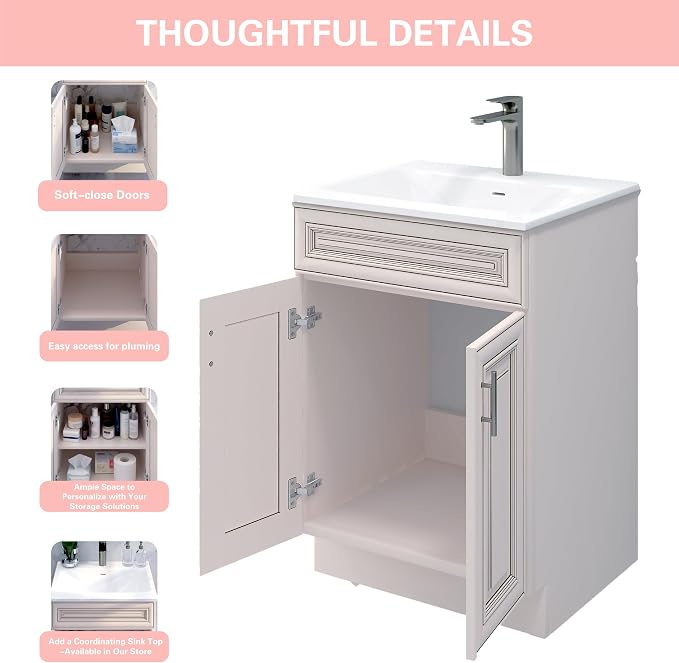 24" Antique White Bathroom Vanity Base – Ready-to-Assemble Sink Cabinet, Freestanding Bathroom Vanity Base Only, No Top or Sink