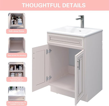 24" Antique White Bathroom Vanity Base – Ready-to-Assemble Sink Cabinet, Freestanding Bathroom Vanity Base Only, No Top or Sink