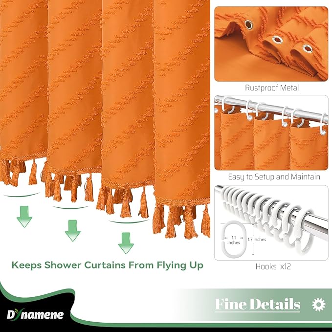 Dynamene Burnt Orange Boho Fabric Shower Curtain, Tufted Chevron Striped Tassel Textured Shower Curtain for Bathroom, Farmhouse Elegant Waterproof Minimalist Cloth Shower Curtain Set, 12 Hook, 72x72