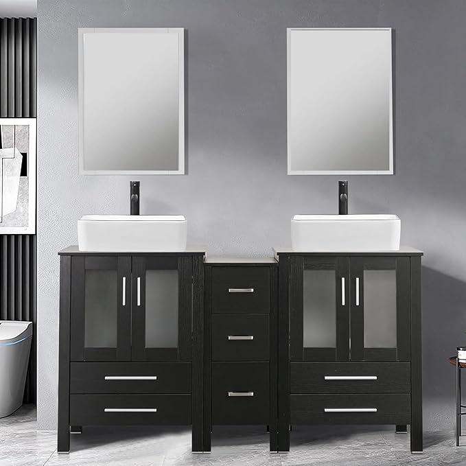 UEV 60" Double Sink Bathroom Vanity,Black Bathroom Vanity with Double Side Vanity Cabinets & Removable 3 Drawer Storage Cabinet with Modern Vessel Sink Combo,Mirror Not Included(031WH)