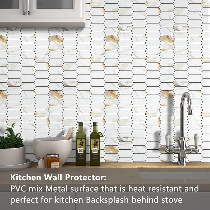 Vamos Tile Long Hexagon Peel and Stick Backsplash Tile - 10 Sheets Stick on Backsplash for Kitchen and Bathroom 12.4 x 12 Inch Calacatta Gold PVC Self Adhesive Mosaic Wall Tiles