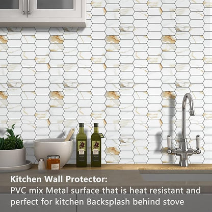 Vamos Tile Long Hexagon Peel and Stick Backsplash Tile - 10 Sheets Stick on Backsplash for Kitchen and Bathroom 12.4 x 12 Inch Calacatta Gold PVC Self Adhesive Mosaic Wall Tiles