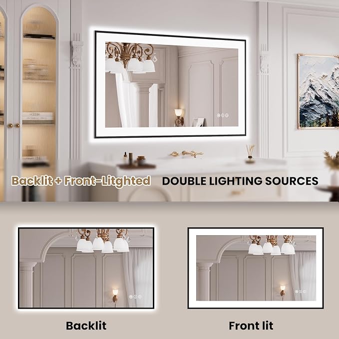 LOAAO 40"X24" LED Bathroom Mirror Black Framed | Anti-Fog, Dimmable, Memory Function, Tempered Glass, Lighted Vanity Mirror for Wall