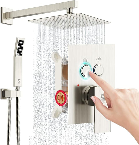 SR SUN RISE Shower System with Push Button Diverter, Wall Mounting Luxury 10 Inch Rain Shower Head with Handheld Spray, High Pressure Shower Faucet Combo Set with Rough-in Valve, Brushed Nickel