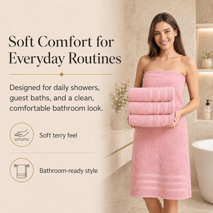 Velqora Bath Towels, 4 Pack, 30x60 in, 100% Cotton, Soft & Absorbent, Pink | Balanced Weight | Everyday Comfort | Easy Care