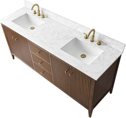 HOMEBEYOND 72" Bathroom Vanity with Double Sink, Solid Wood Bathroom Vanity Free-Standing Cabinet, Ceramic Top & Soft Closing Door, Golden Brushed Handware, Walnut