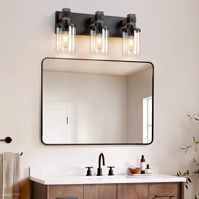 Farmhouse Bathroom Vanity Light Fixture, 3 Light Black Wood Over Mirror | Matte Black Metal & Wood with Clear Glass Shade, 3 Ligh Vanity Light Fixture Over Mirror for Farmhouse Industrial Bathroom