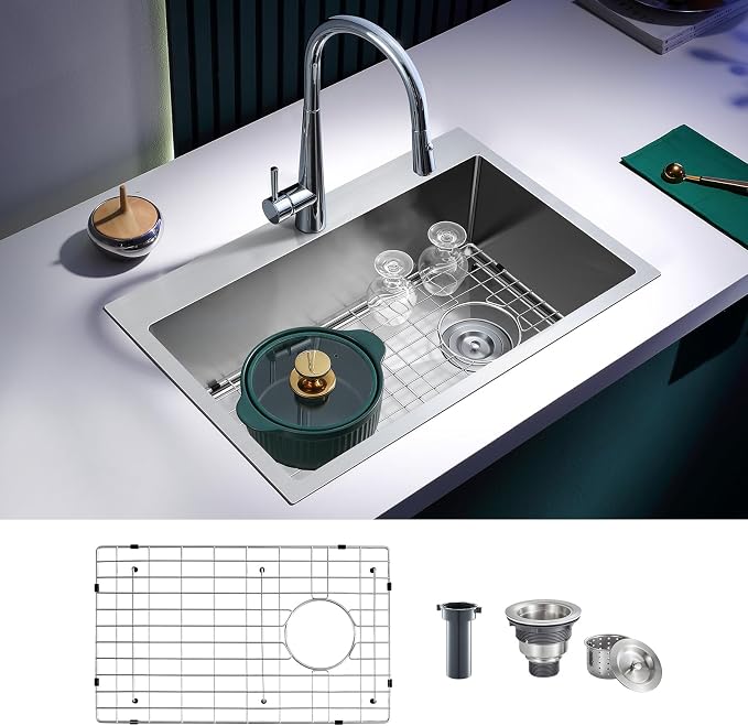 Brushed Topmount Kitchen Sink - 26”×18” Single Bowl Sink, Sink Grid | 9 Inch Deep Handmade Bar Sink with Strainer, Stainless Steel 304, Right Side Drain, X-Groove Drainage, Sound-Dampening Pad