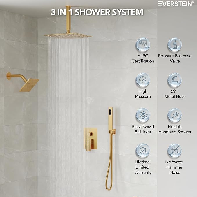 10" High-Pressure Rainfall Shower Faucet, Celling Mount Dual Shower Head System, Brushed Gold