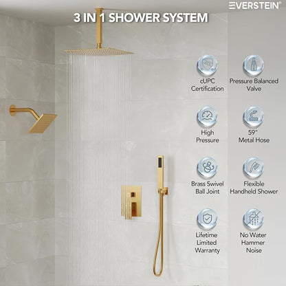 10" High-Pressure Rainfall Shower Faucet, Celling Mount Dual Shower Head System, Brushed Gold