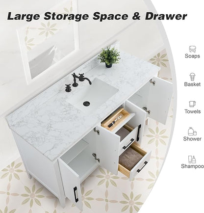 HomeBeyond 60 Inch Bathroom Vanity with Sink & Ceramic Top, Single Vanity Cabinet with Basin, Soft-Closing Doors & Matte Black Hardware, White