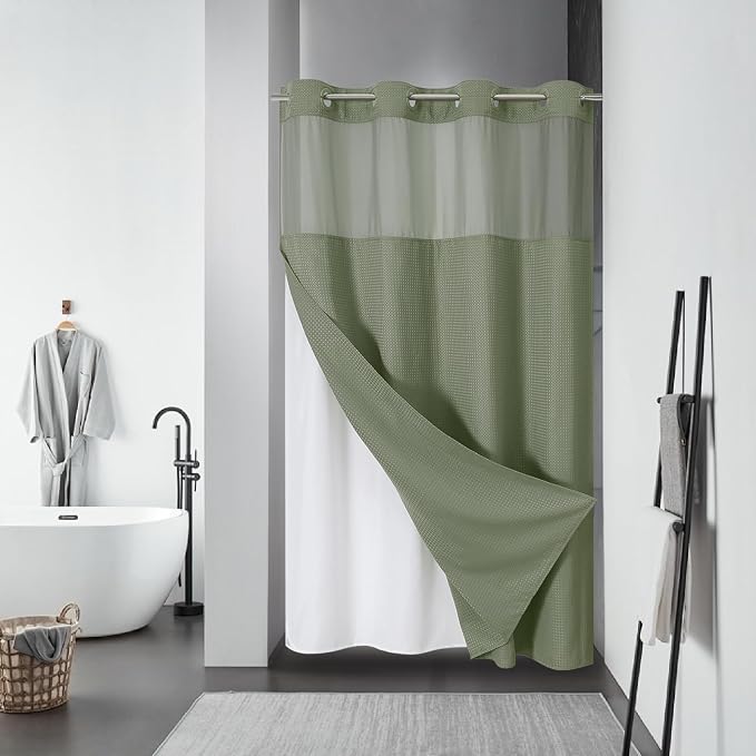 No Hook Waffle Shower Curtain with Snap-in Liner, 54x80 Inch, Sage Green | 230GSM waffle weave fabric, waterproof liner set with 2 bottom magnets, mesh window, washable, for shower stalls or bathrooms