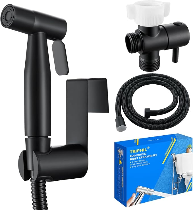 TRIPHIL Handheld Bidet Sprayer for Toilet, Adjustable Water Pressure Jet Bidet Attachment with Leak-Proof 304 Stainless Steel T-valve for Bathroom Cleaning, Cloth Diaper/Feminine Wash, Matte Black