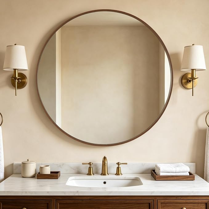 Round Wood Mirror, 40" Round Modern Decoration Large Circle Wall Mirror for Bathroom Living Room Bedroom Entryway, Walnut