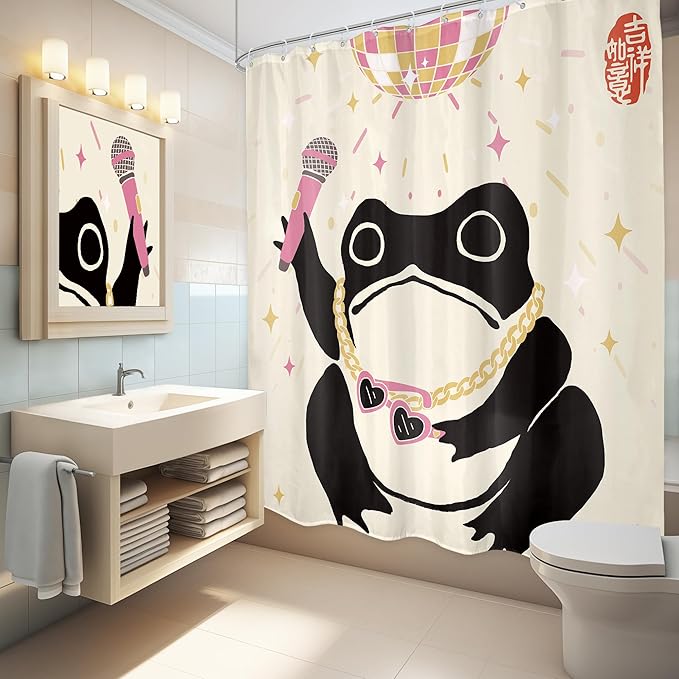 LGhtyro Funny Frog Shower Curtain Bathroom Set 60Wx71H Inches Retro Asian Style Traditional Japanese Art Cute Animal Disco Pink Light Bath Accessories Vintage Art Home Decor Fabric 12 Pack Hooks