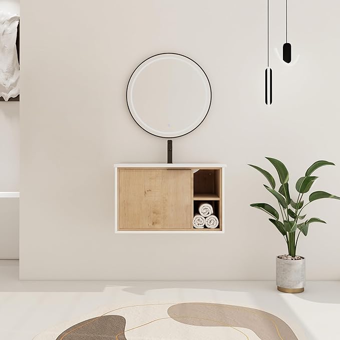 30 Inch Bathroom Vanity with Sink, 30" Floating Vanity, Plywood Wooden Bathroom Cabinet with Soft Close Door and Ceramic Sink, Open Shelf for Quick Access, Modern Wall Mounted Cabinet Set