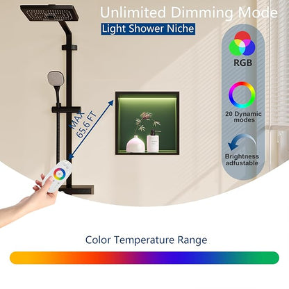RGB LED Light Shower Niche, Matte Black 12X12 in Stainless Steel Recessed Storage with Remote Control, Waterproof No Tile Needed Wall Niche for Bathroom Storage Built-in Installation