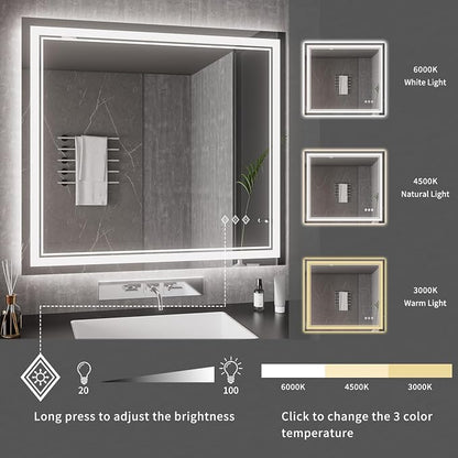 Bathroom Mirrors for Wall, 40x36 Inch Gradient Front and Backlight Lighted Mirror, 3 Colors Dimmable CRI>90 Double Lights, IP54 Enhanced Anti-Fog, Hanging Plates Wall Mount Smart Mirror