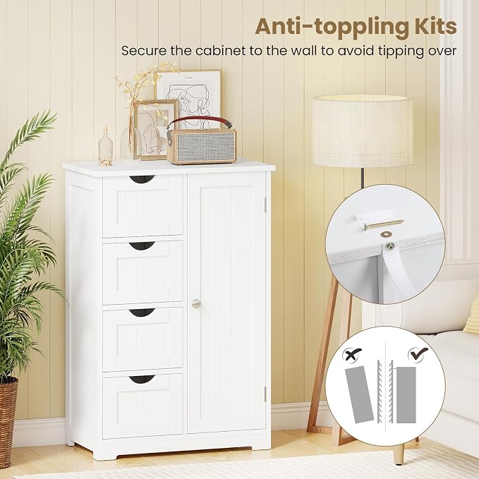 Giantex Storage Cabinet with 4 Drawers, Bathroom Storage Organizer with Cupboard, Adjustable Shelf, Anti-Toppling Device, Floor Cabinet, Entryway Storage Unit Console Table, White