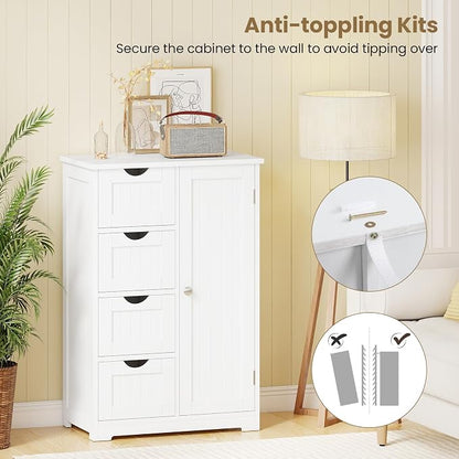 Giantex Storage Cabinet with 4 Drawers, Bathroom Storage Organizer with Cupboard, Adjustable Shelf, Anti-Toppling Device, Floor Cabinet, Entryway Storage Unit Console Table, White