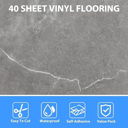 40 Sheet Vinyl Flooring 12”x12” Peel and Stick Floor Tile Waterproof Grey Marble Vinyl Floor Tiles Clearance Self Adhesive Floor Tiles Sticky Renter Laminate Flooring Stick on Bathroom Kitchen
