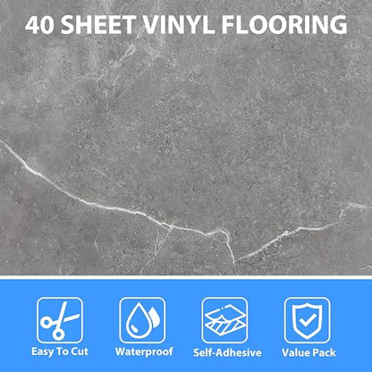 40 Sheet Vinyl Flooring 12”x12” Peel and Stick Floor Tile Waterproof Grey Marble Vinyl Floor Tiles Clearance Self Adhesive Floor Tiles Sticky Renter Laminate Flooring Stick on Bathroom Kitchen