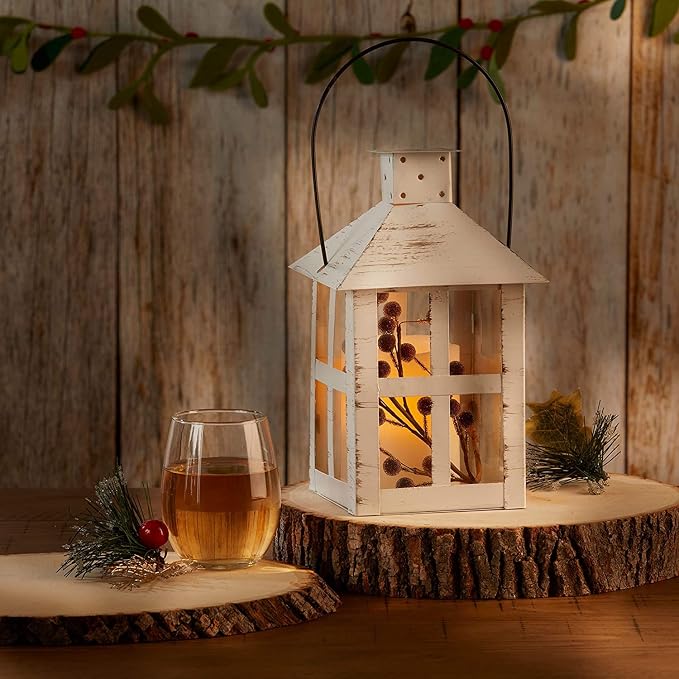 Kate Aspen 9 Inch White Vintage Distressed Rustic Candle Holder Decorative Lantern, Wedding Decoration, Farmhouse Decor, Table Centerpiece, Home Shelf Decor